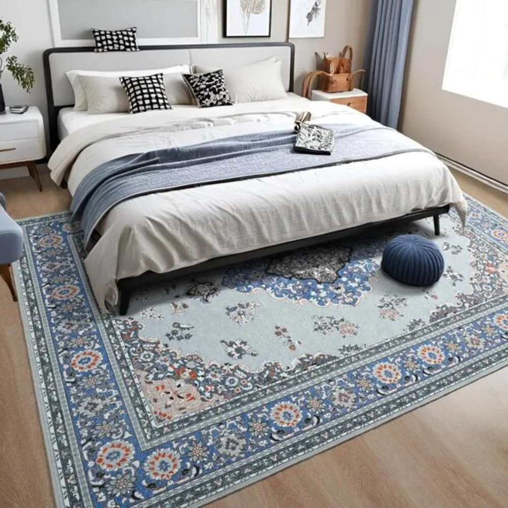 New 6x9 Grey Blue Area Rug, Washable Vintage Low Pile Non-Slip Carpet for Home